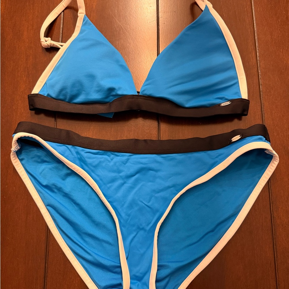 Blue Bikini with Black and White Trim